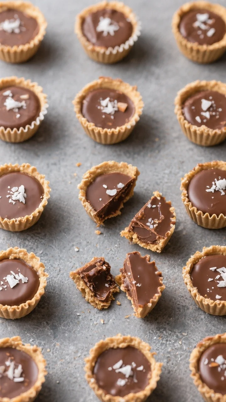 Tasty top view: Neatly arranged grid of finished Frozen Peanut Butter Nutella Cups (mini size) on a