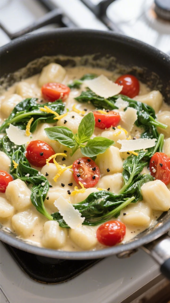 Tasty top view of the one-pan finish: Overhead shot of creamy gnocchi simmering in the skillet, sauc