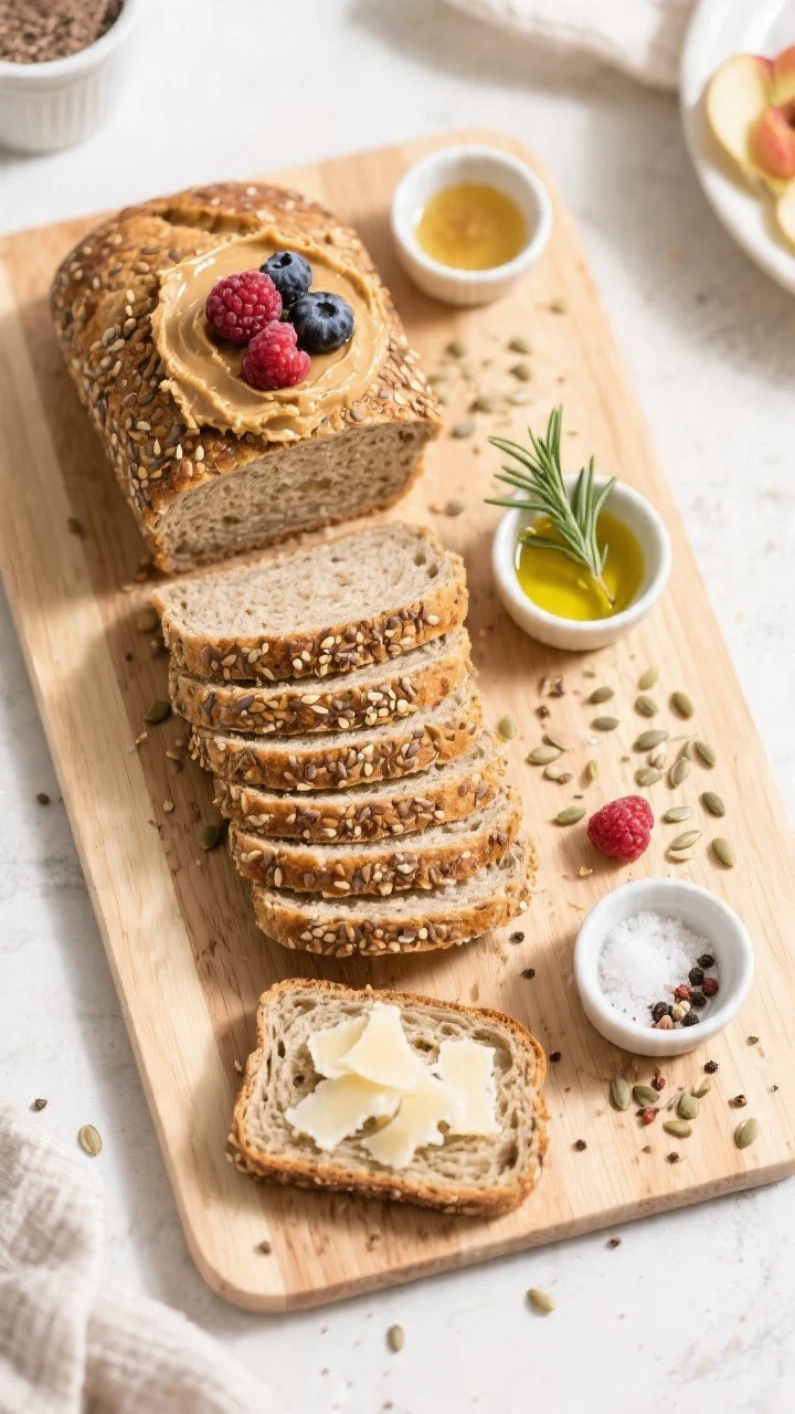 Tasty top view: Overhead breakfast board featuring neatly arranged keto flaxseed bread slices (12–