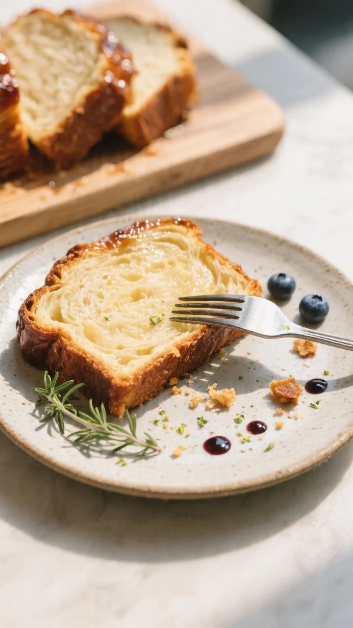 Tasty top view: Overhead café-style scene of a thick slice of the glazed loaf on a small stoneware 