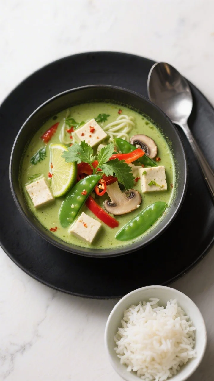 Tasty top-view overhead: Overhead shot of Thai green curry soup served without noodles for a lighter