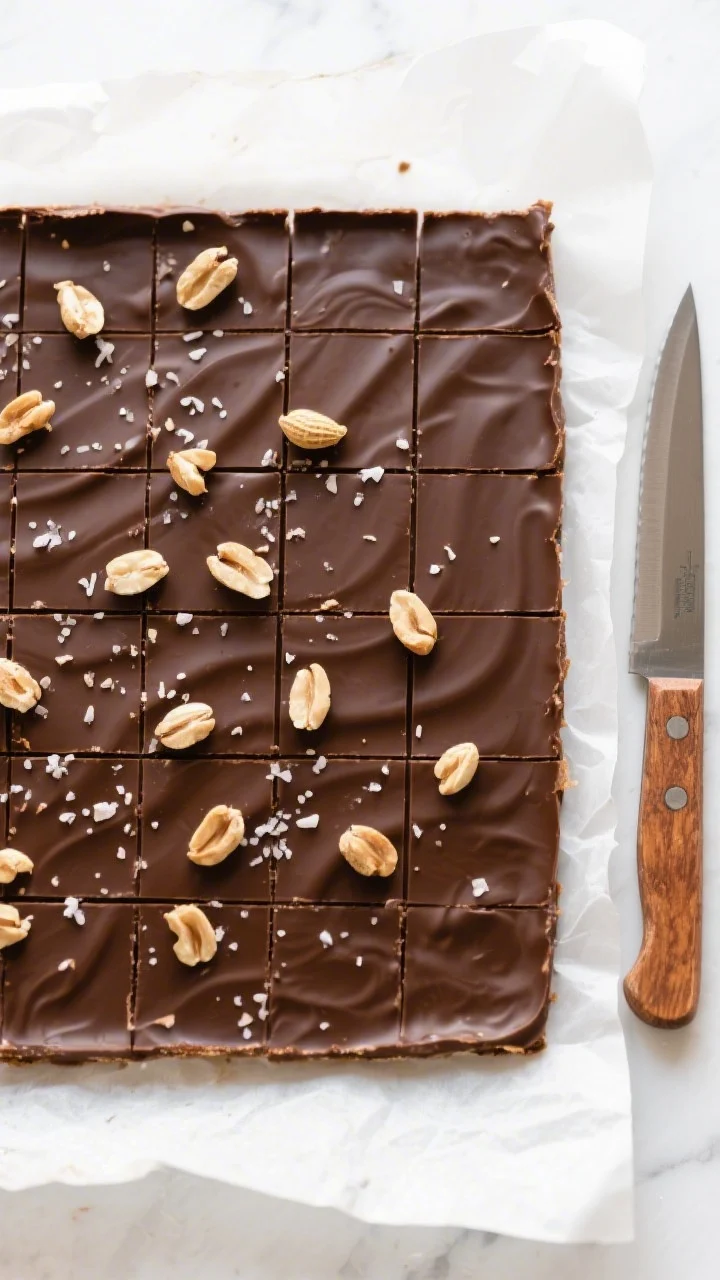 Tasty top view: Overhead shot of a fully set slab of peanut butter chocolate fudge on parchment, jus