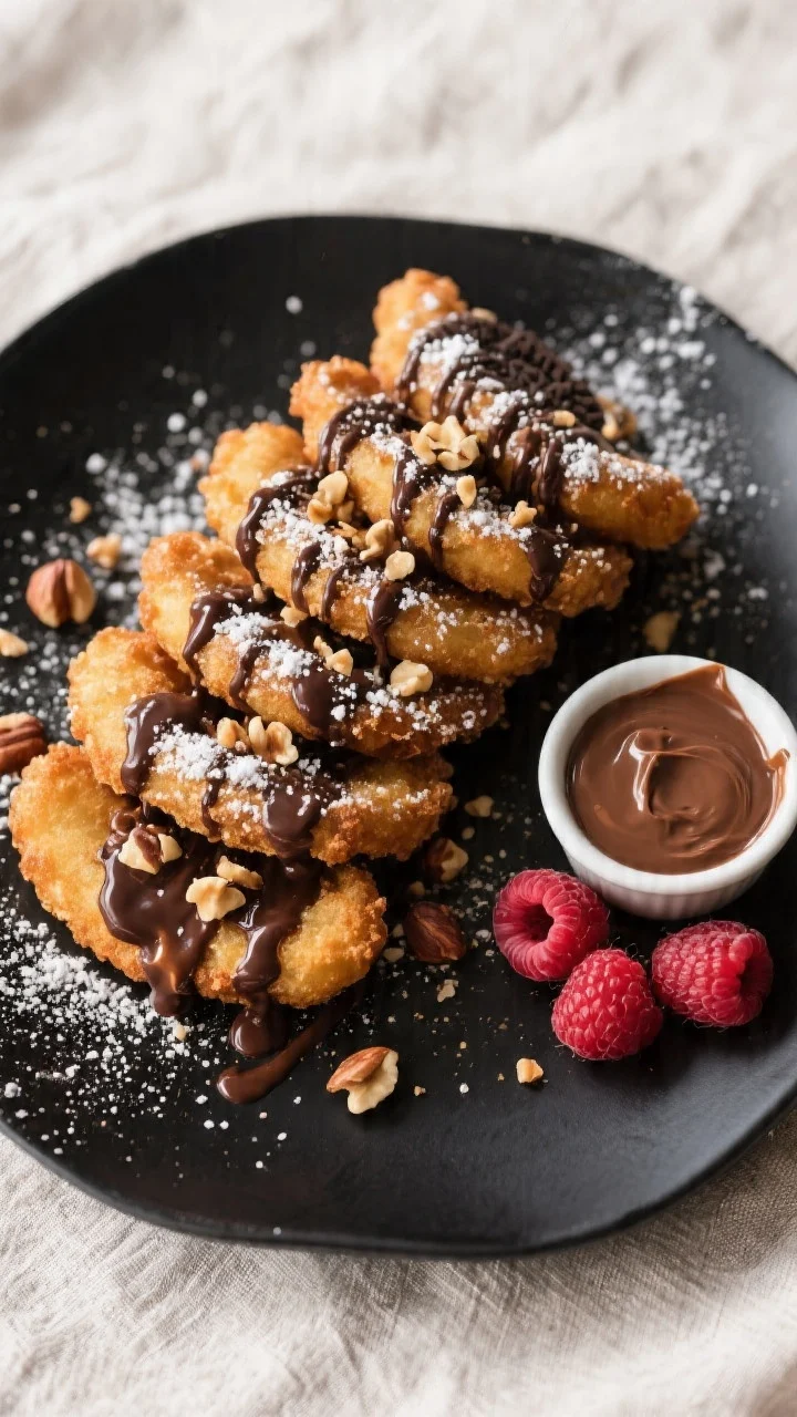Tasty top view: Overhead shot of a platter of deep-fried Nutella Oreos arranged in a casual stack, g