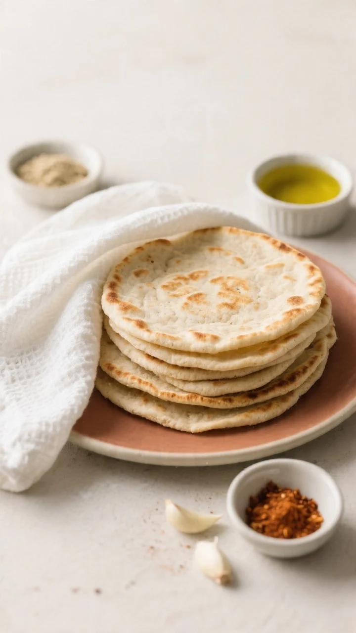 Tasty top view: Overhead shot of a stack of freshly cooked keto coconut flour flatbreads on a warm p