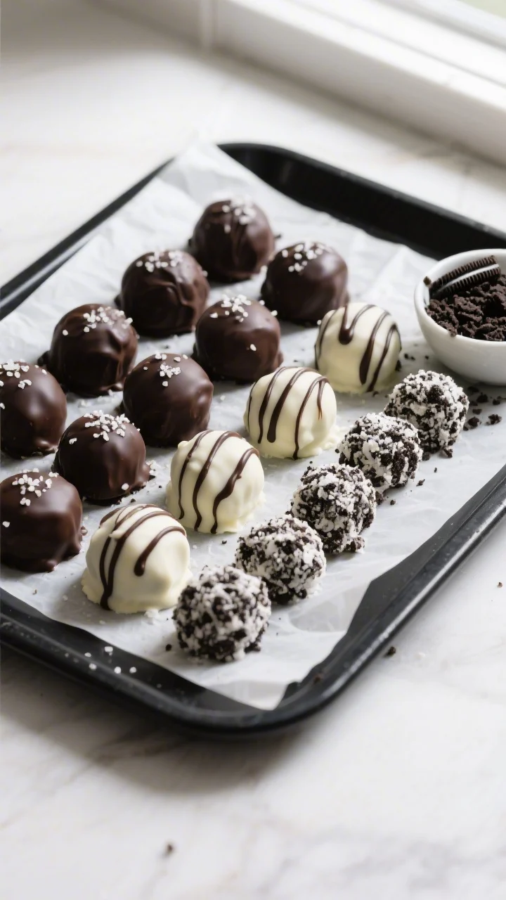 Tasty top view: Overhead shot of a variety platter of finished no-bake Oreo truffles—half coated i