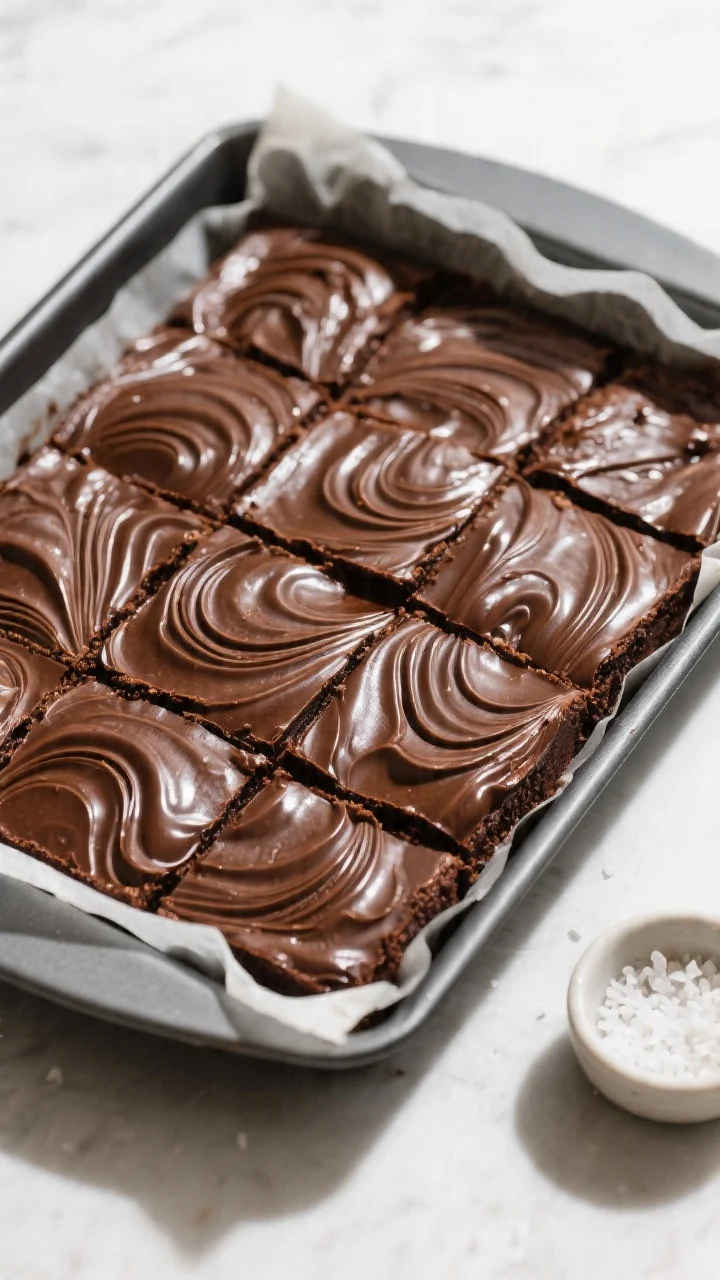Tasty top view: Overhead shot of cooled brownies in the pan just after baking, edges set and pulling
