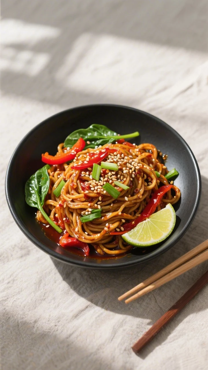 Tasty top view: Overhead shot of finished chili garlic noodles in a wide, matte-black bowl, noodles 