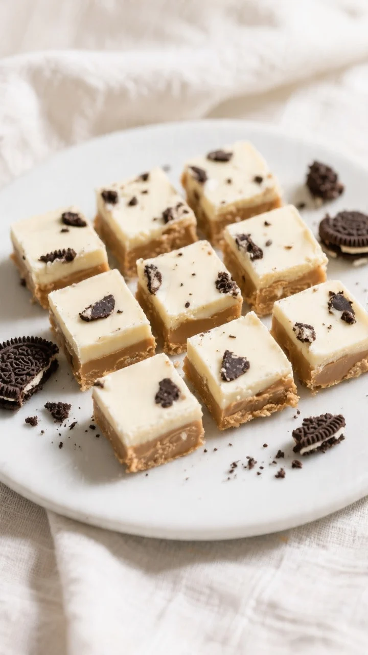 Tasty top view: Overhead shot of fully set Peanut Butter Oreo Fudge sliced into neat small squares, 