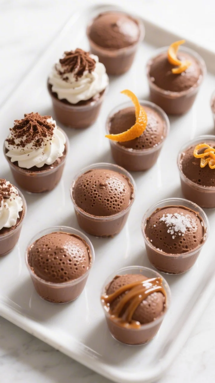 Tasty top view: Overhead shot of portioned chocolate mousse cups arranged in a neat grid on a tray, 