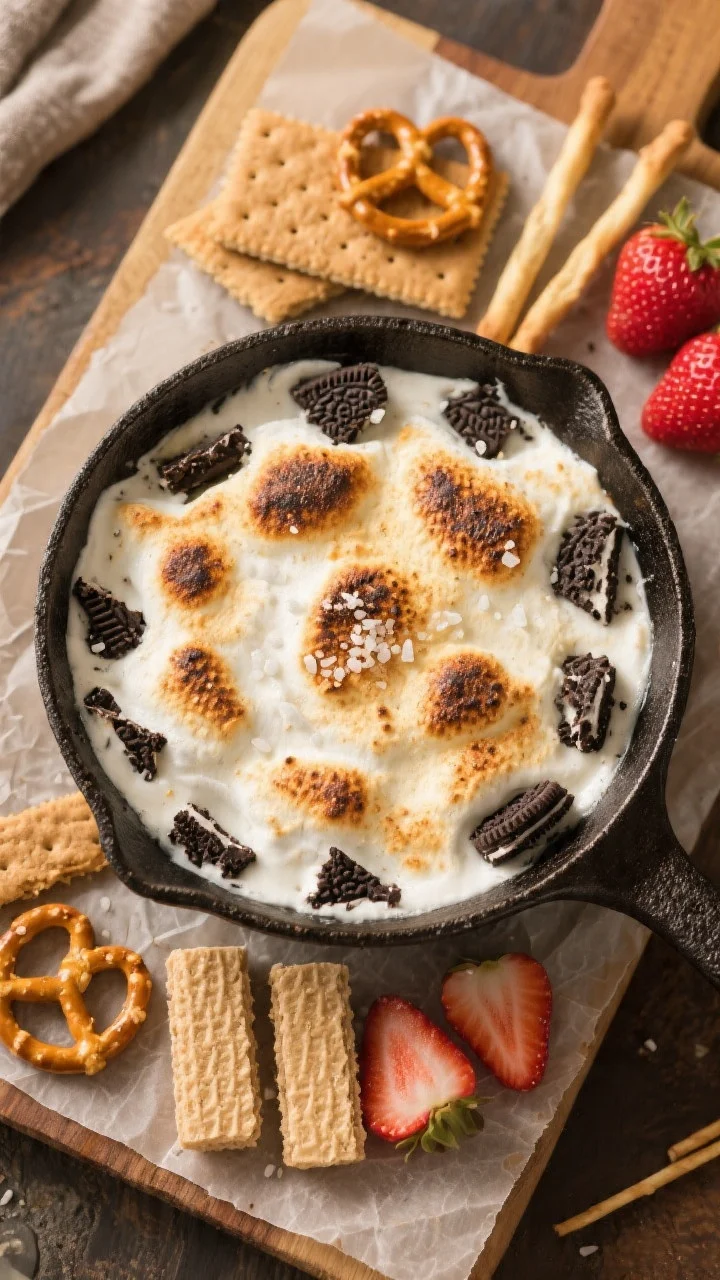 Tasty top view: Overhead shot of the Oreo S’mores Dip in a cast-iron skillet on a parchment-lined 
