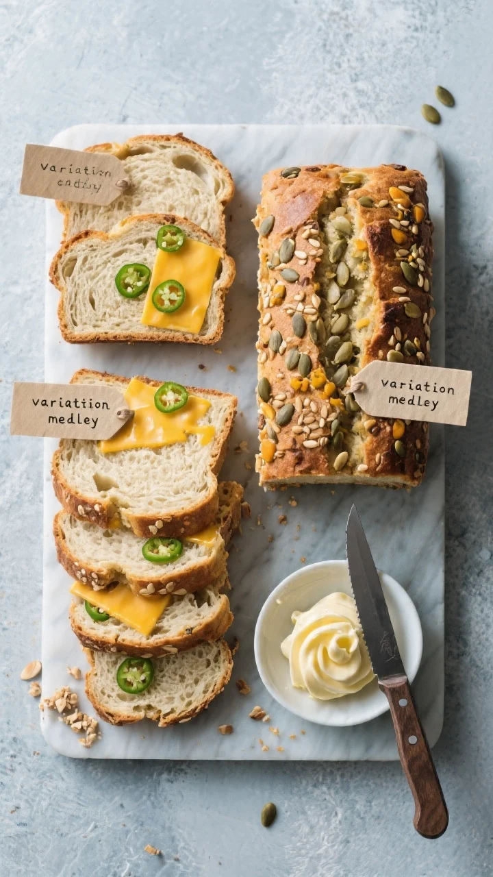 Tasty top view: Overhead “variation medley” board featuring three versions of the loaf: plain cl