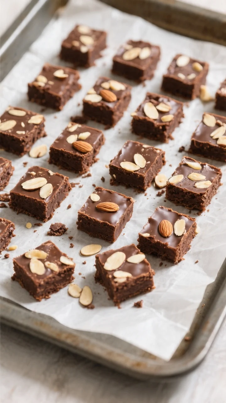 Tasty top view: Top-down grid of neatly cut snack-size squares arranged on a parchment sling lifted 
