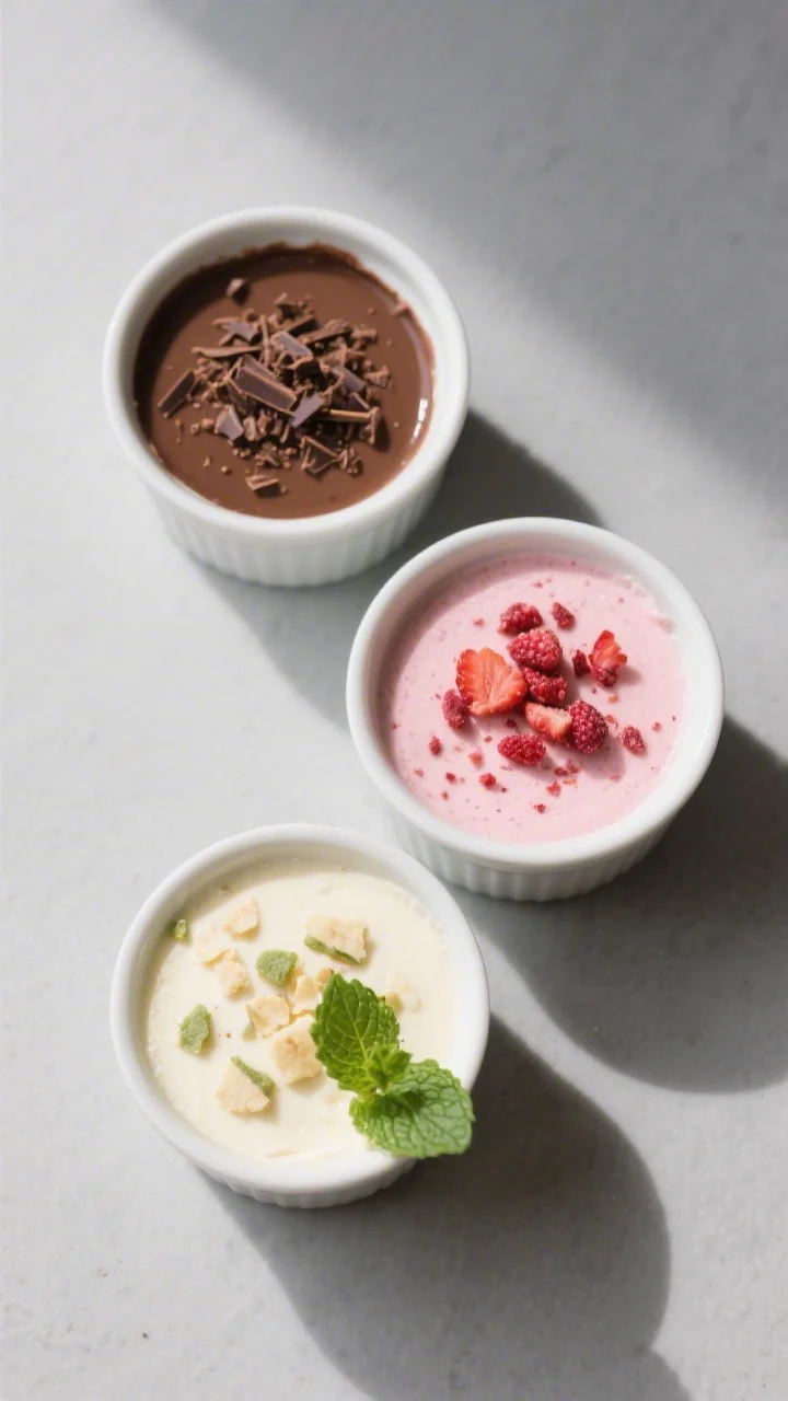 Tasty top view, variations: Overhead shot of three small ramekins showcasing flavor options—Chocol