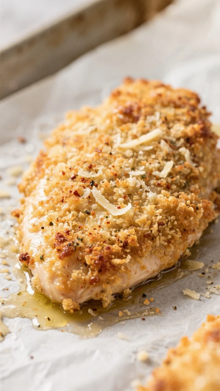 Close-up detail: A just-baked Garlic Parmesan Crusted Chicken breast on a parchment-lined sheet pan,