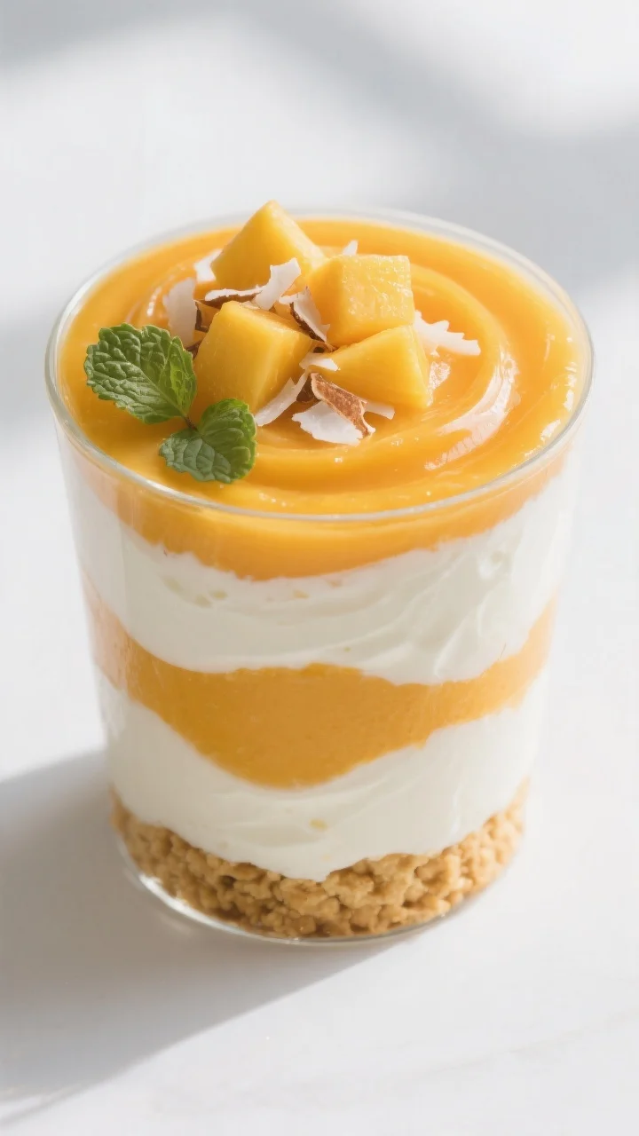 Close-up detail: A parfait glass filled with layered Mango Yogurt Cups, showing a crunchy golden bis