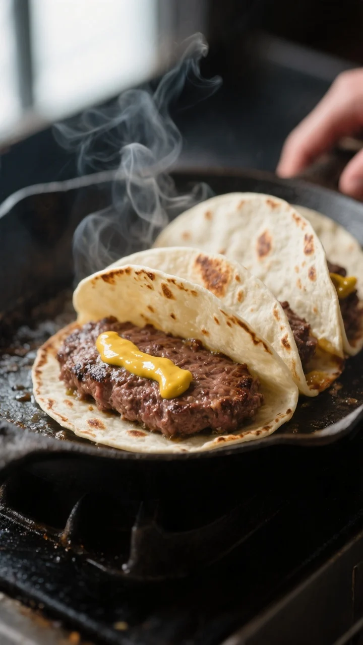 Cooking process close-up: Beef-side-down smash burger tacos sizzling on a cast-iron skillet, ultra-t