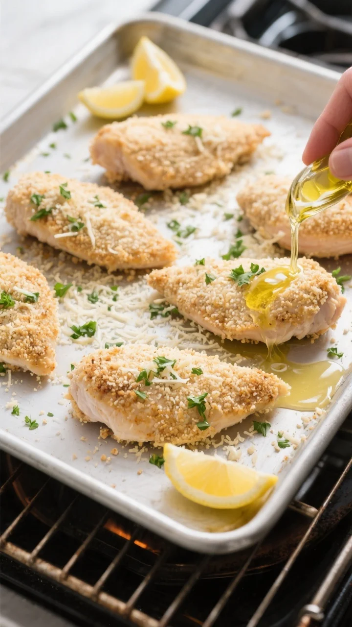 Cooking process: Overhead action shot of coated chicken breasts arranged with space on a rimmed baki