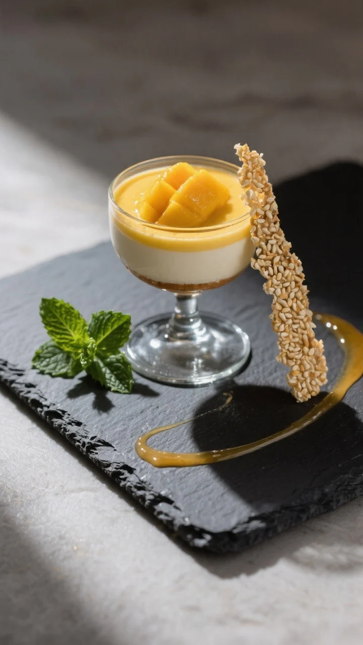 Final dish presentation: Restaurant-quality plated dessert—a single Mango Yogurt Cup in a stemless