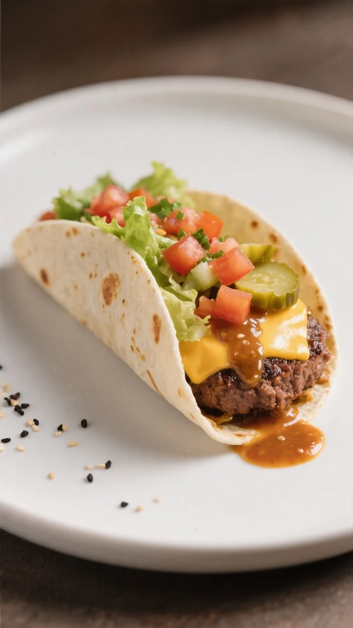 Final plated hero: Single smash burger taco folded and propped open on a matte white plate, showcasi