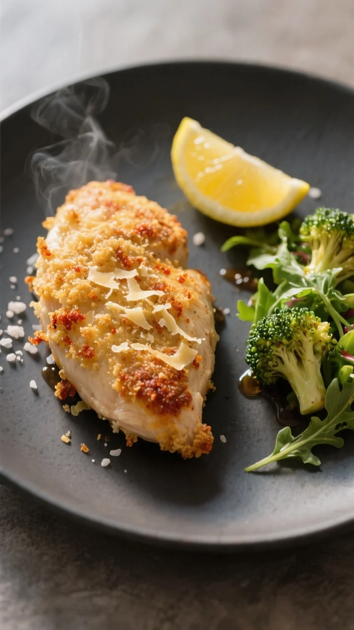 Final presentation close-up: Single whole crusted chicken breast on a matte dark plate with a side o