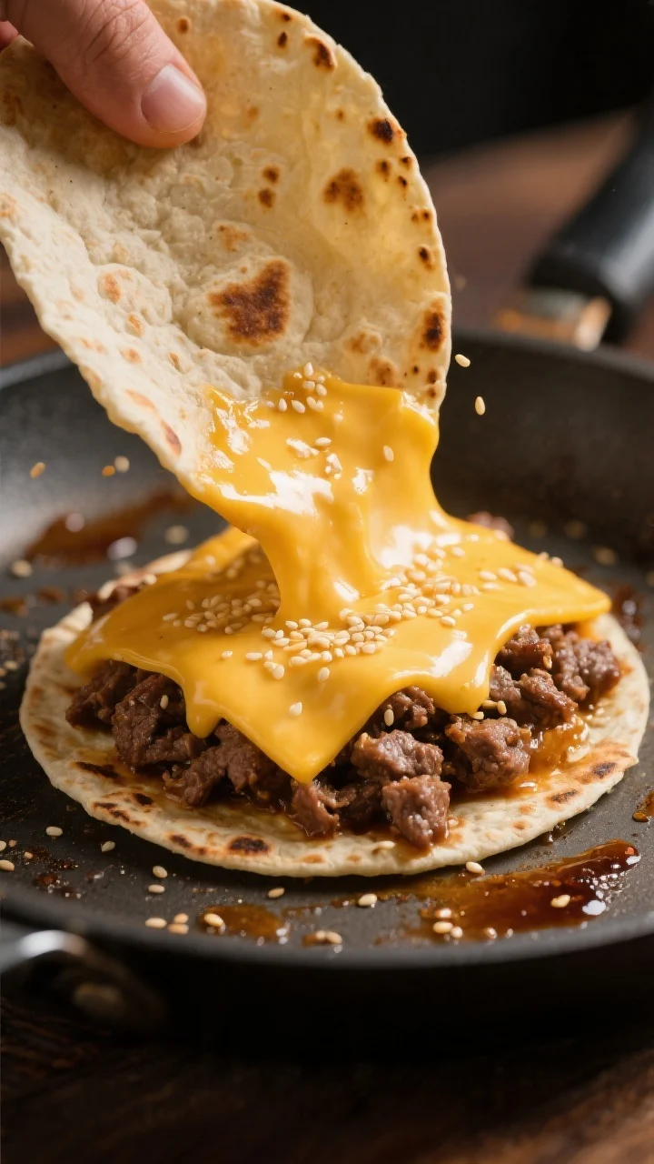 Flip-and-cheese moment: Just-flipped taco with tortilla now down and beef up, a slice of American ch