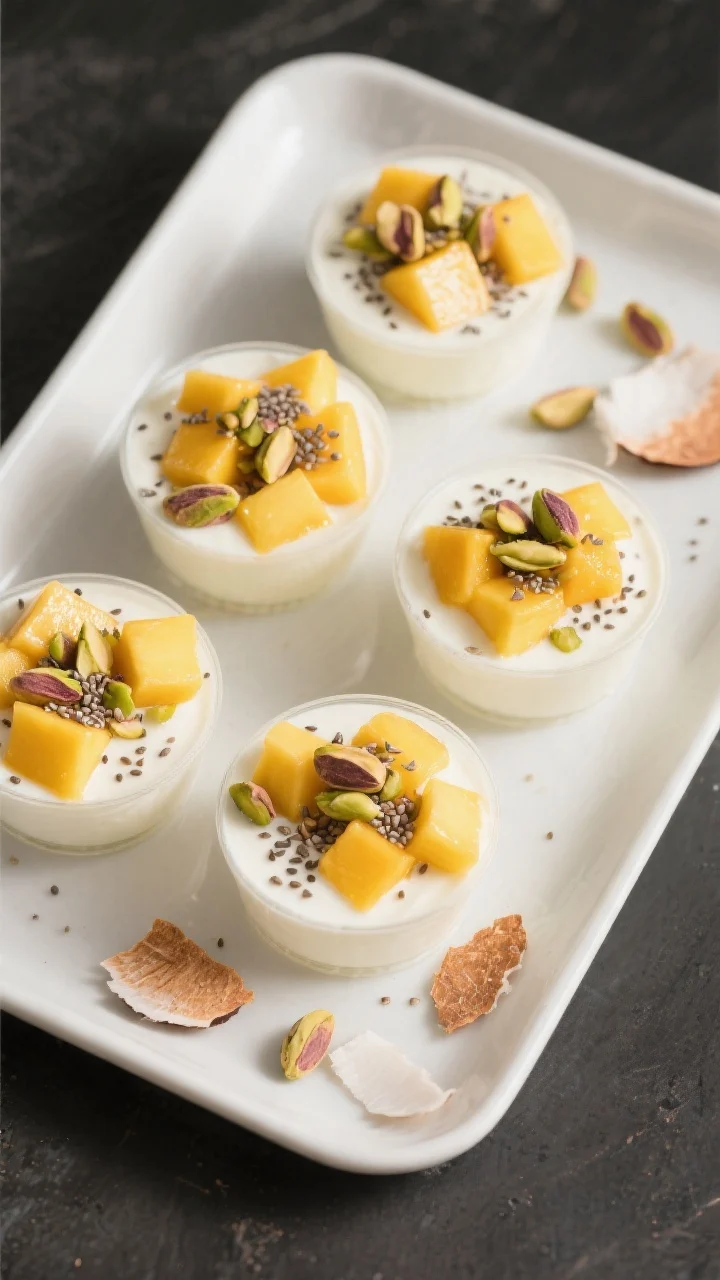 Tasty top view: Fully chilled Mango Yogurt Cups viewed from above on a matte white tray, each topped