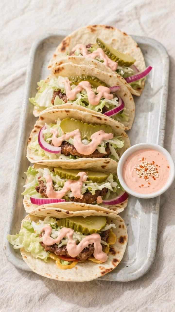 Tasty top view platter: Overhead shot of a tray of assembled smash burger tacos lined up, each toppe