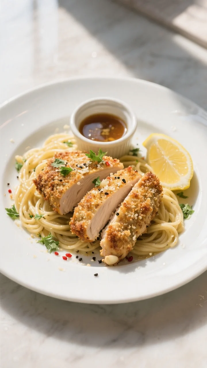 Tasty top view: Restaurant-quality, top-down plated final dish—two sliced Garlic Parmesan Crusted 