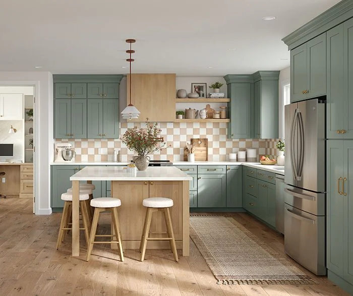 Modern farmhouse sage green kitchen with island