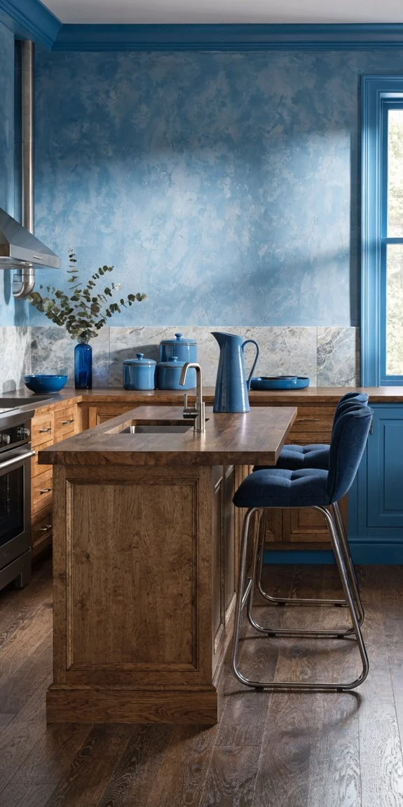 blue accents echo wall color beautifully