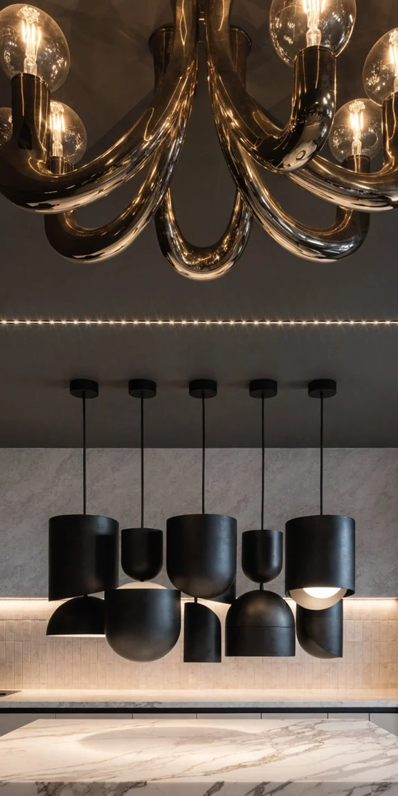 bold glossy light fixture transforms kitchen