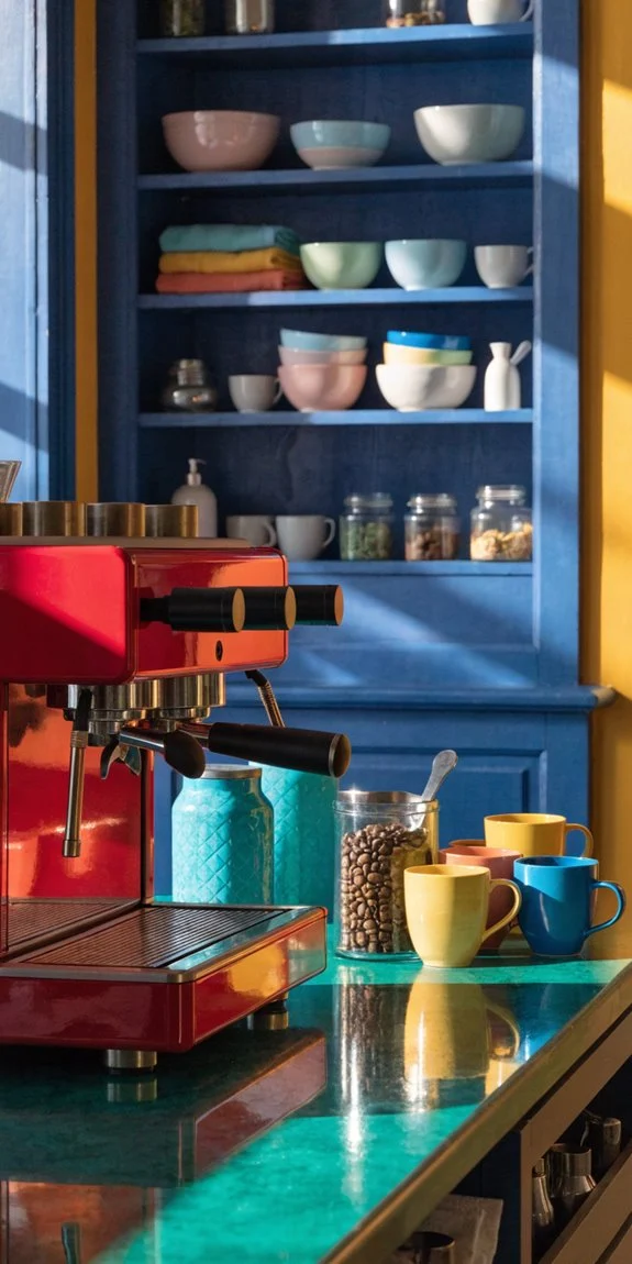 bold turquoise cabinets terracotta accents
