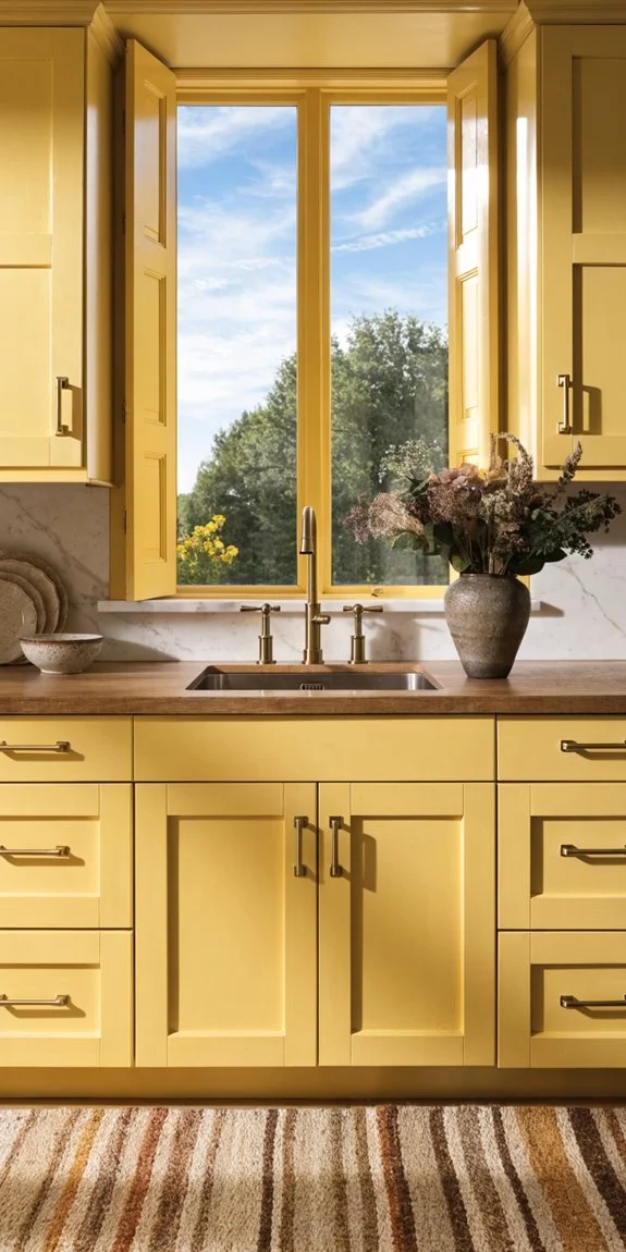 butter yellow cabinets with vintage hardware