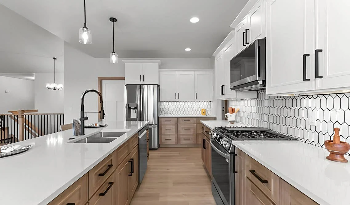 Brown and white two tone kitchen