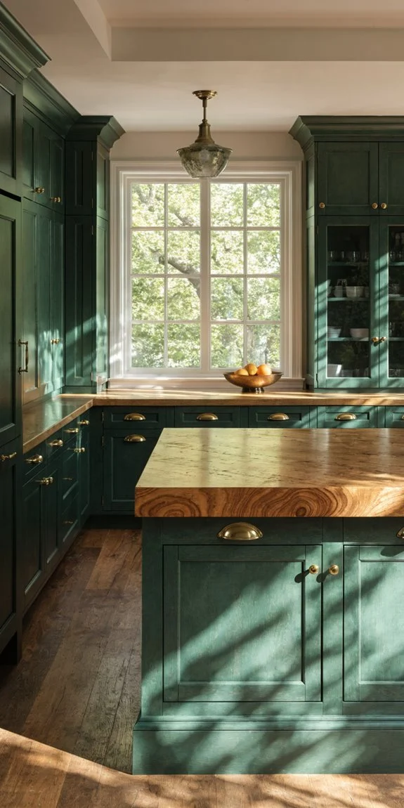 forest green with warm wood accents