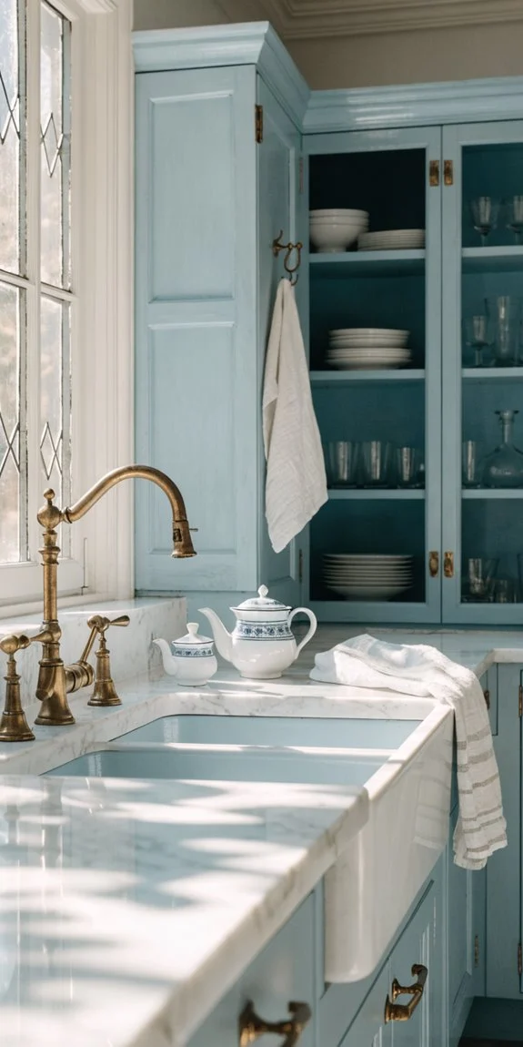 french blue cabinetry with white accents