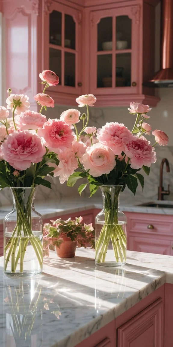 fresh pink plants brighten kitchen