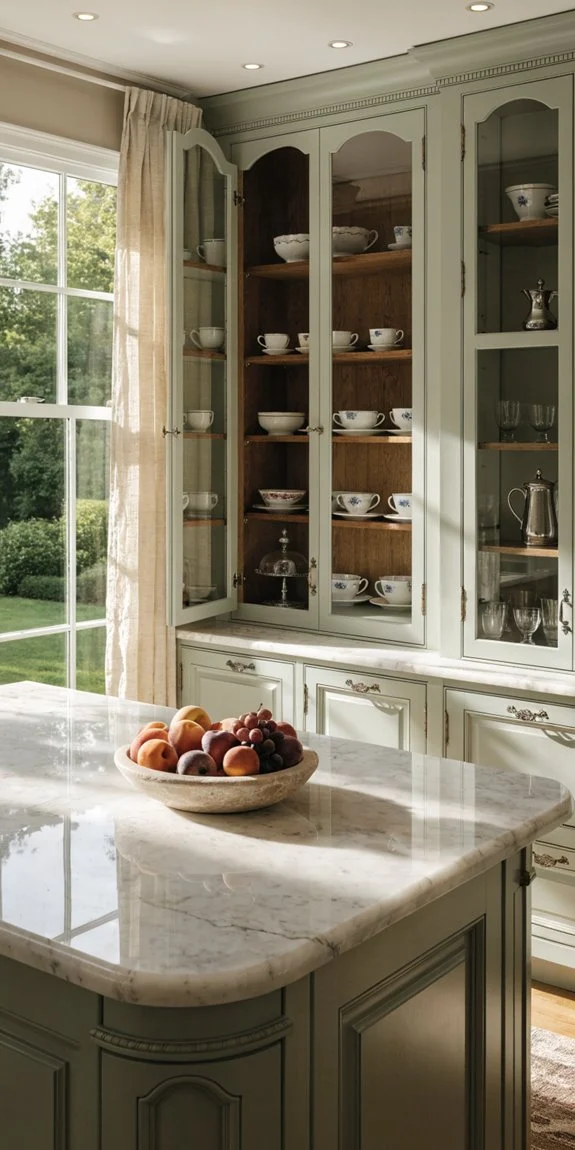 glass front sage cabinets spark organized displays
