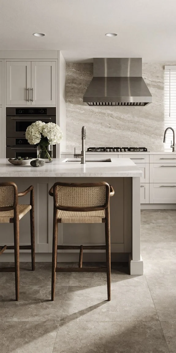 greige floors create contrast with dark wood cabinetry