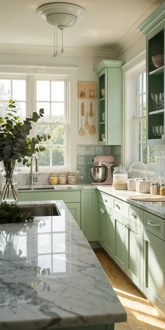 mint green cabinets brighten kitchen atmosphere