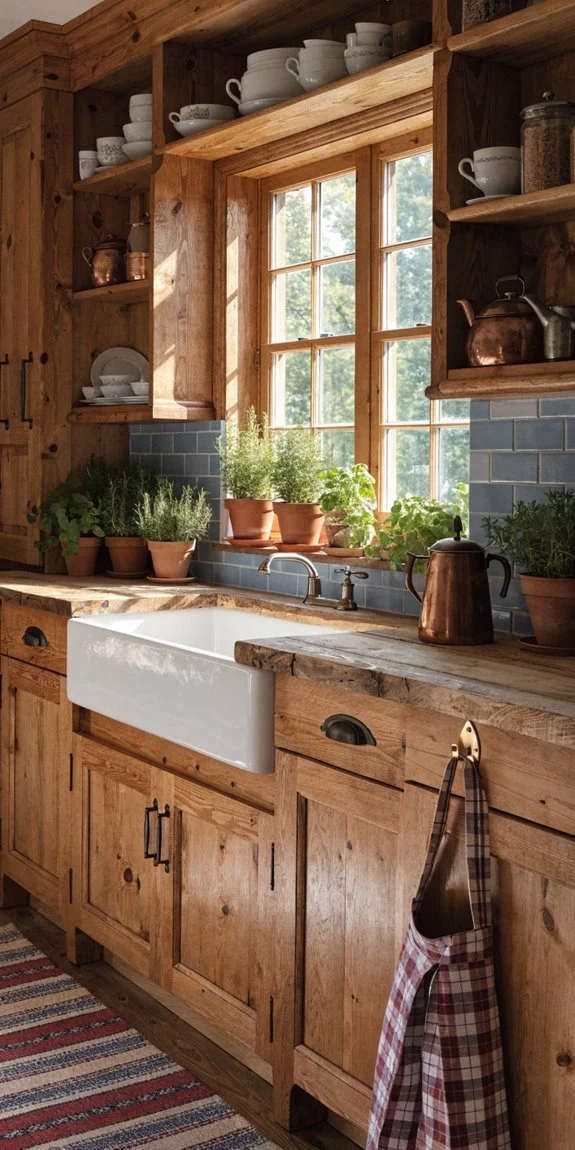 open shelving showcases country dishware
