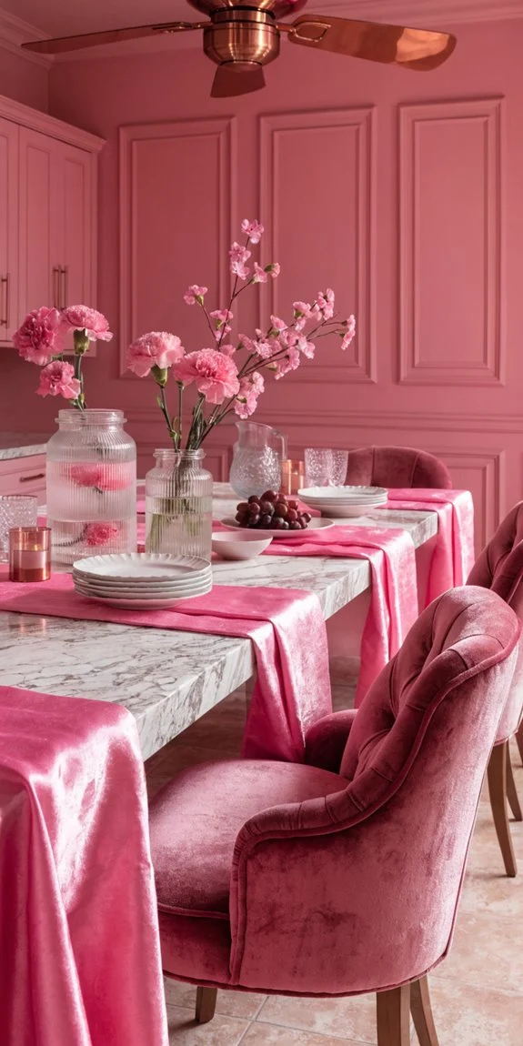 pink textiles enhance cozy kitchen vibe