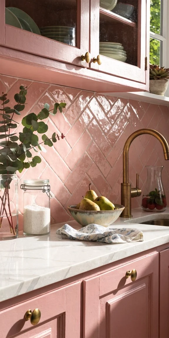 pink tile backsplash adds warmth and charm
