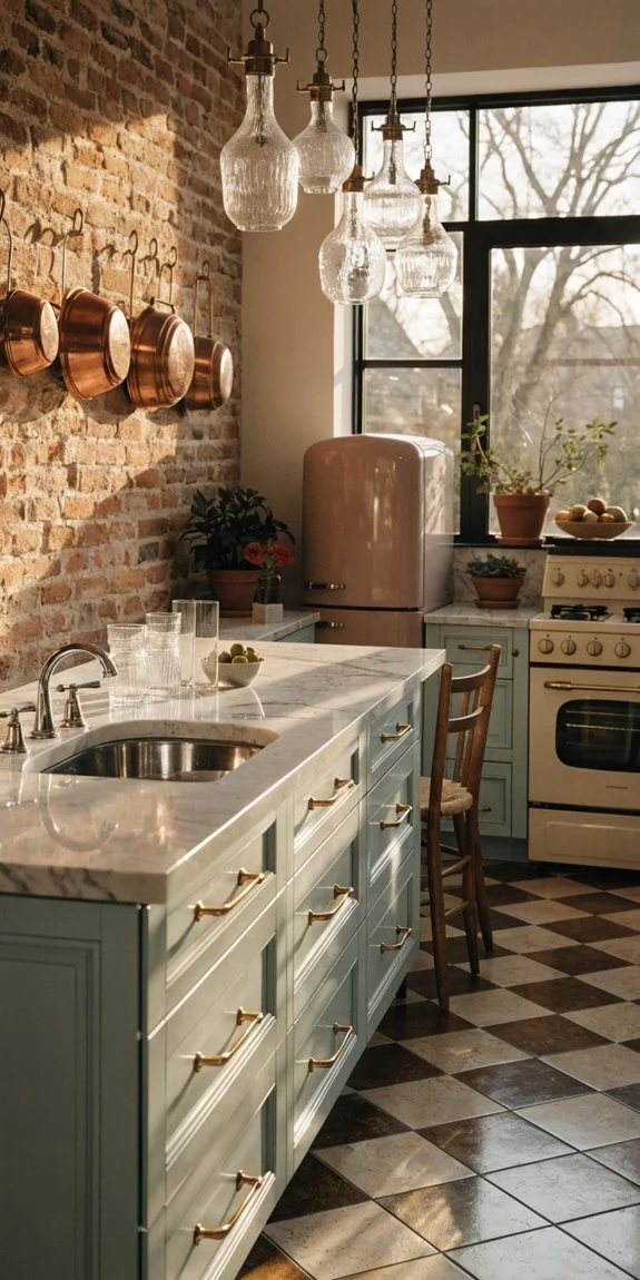 retro glam kitchen bold colors brass vintage appliances