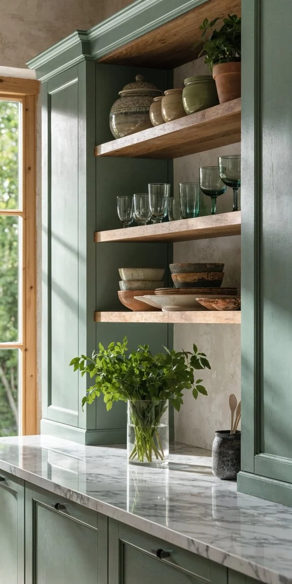 sage cabinets inviting open shelving