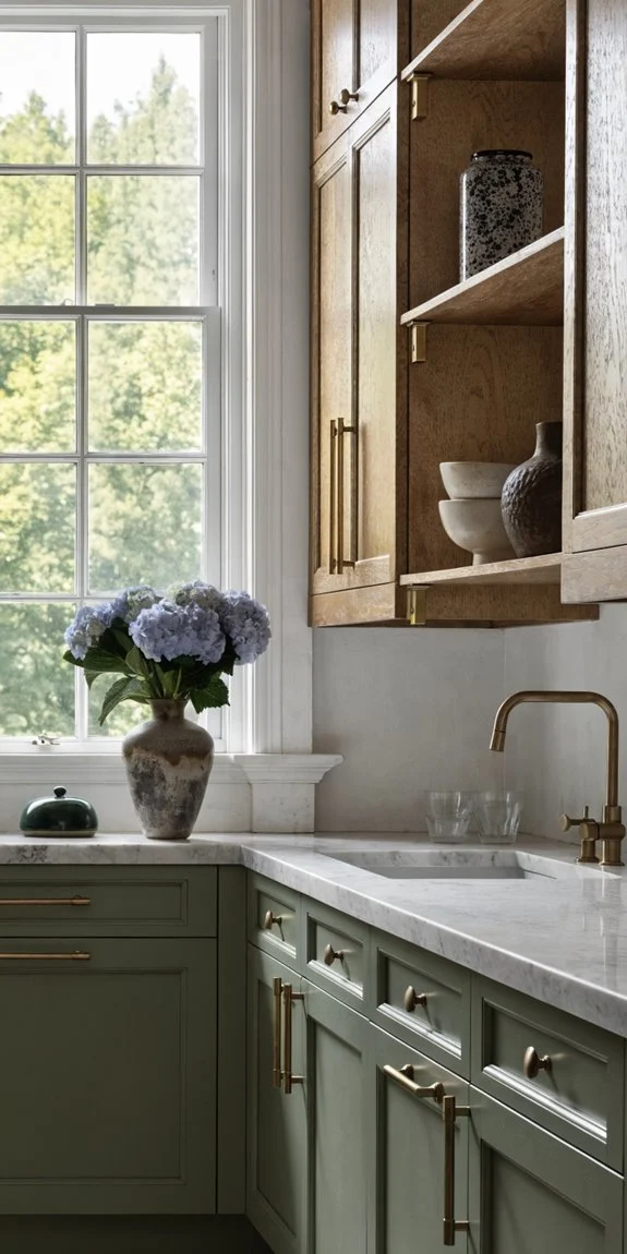 two tone sage kitchen cabinets