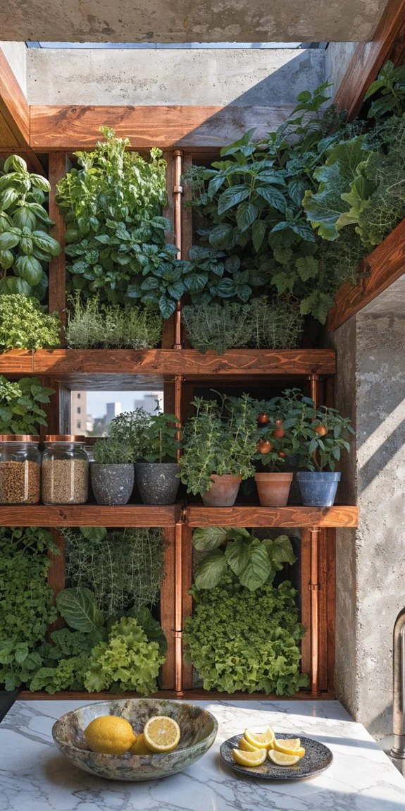 vertical garden enhances outdoor kitchen space