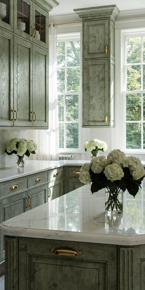 white countertops against sage cabinets contrast beautifully