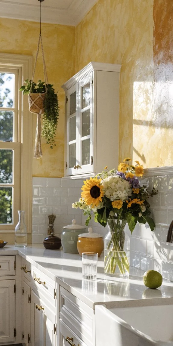 yellow patterns brighten kitchen walls