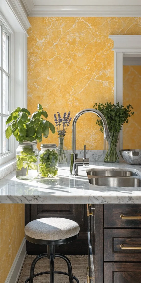 yellow removable wallpaper boosts bright kitchen vibe